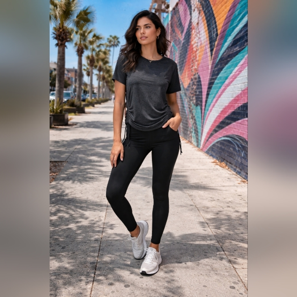 Shambhala Black Ruched Side T-Shirt  Adjustable Tie Sides Stretch Athleisure Tee